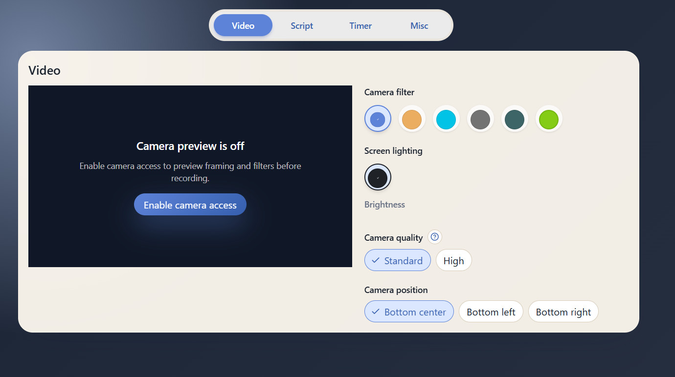 Interview Helper prep mode showing a dark camera, script, and timer interface